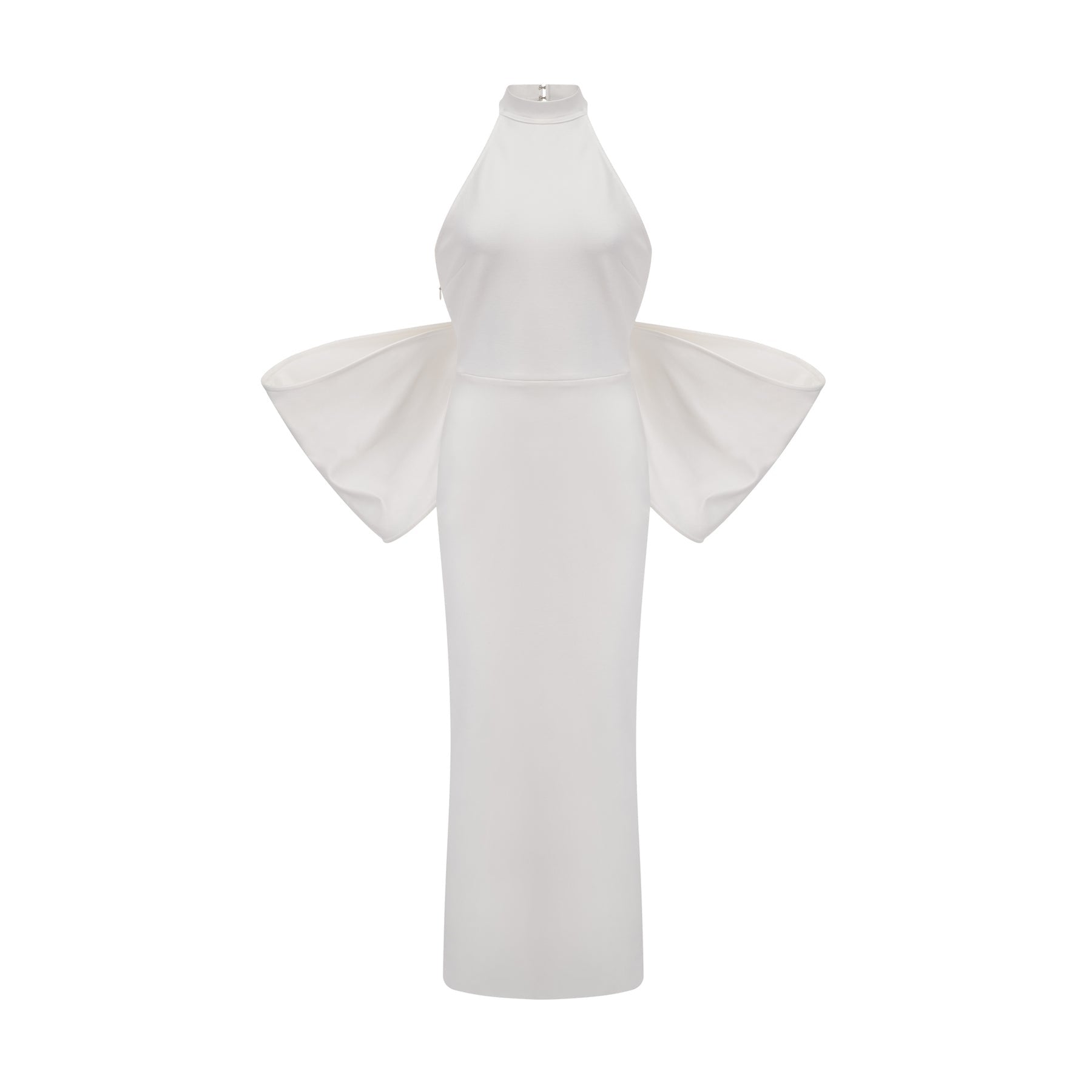 A white bandage dress with an oversized bow detail named Capucine featuring a formfitting silhouette and sleeveless design