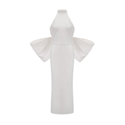 A white bandage dress with an oversized bow detail named Capucine featuring a formfitting silhouette and sleeveless design