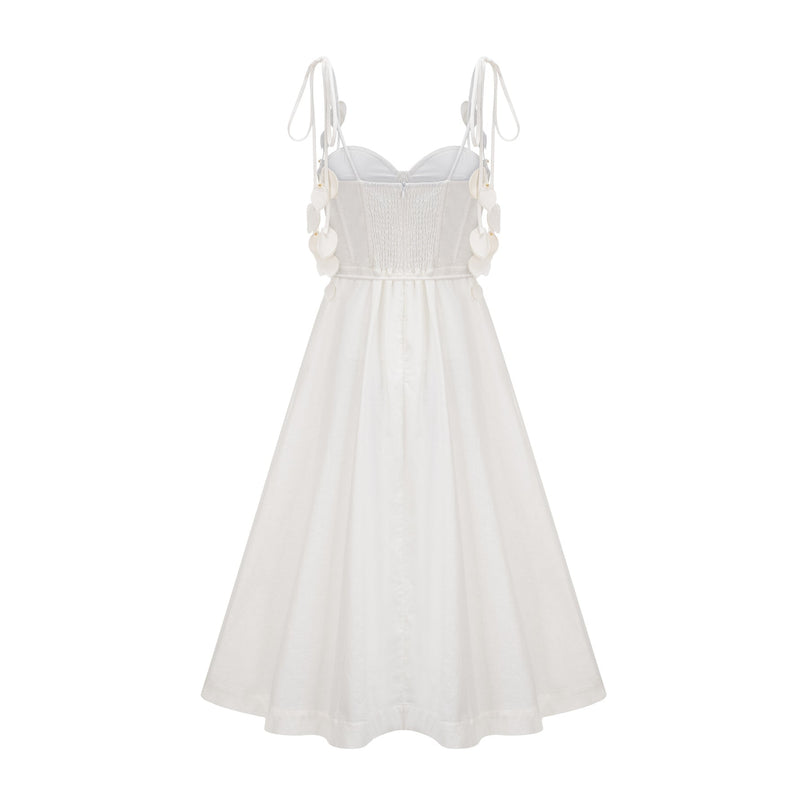 A white corsetstyle midi dress with a fitted bodice and flared skirt named Helene