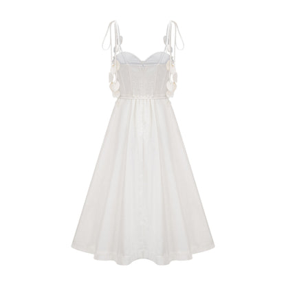 A white corsetstyle midi dress with a fitted bodice and flared skirt named Helene
