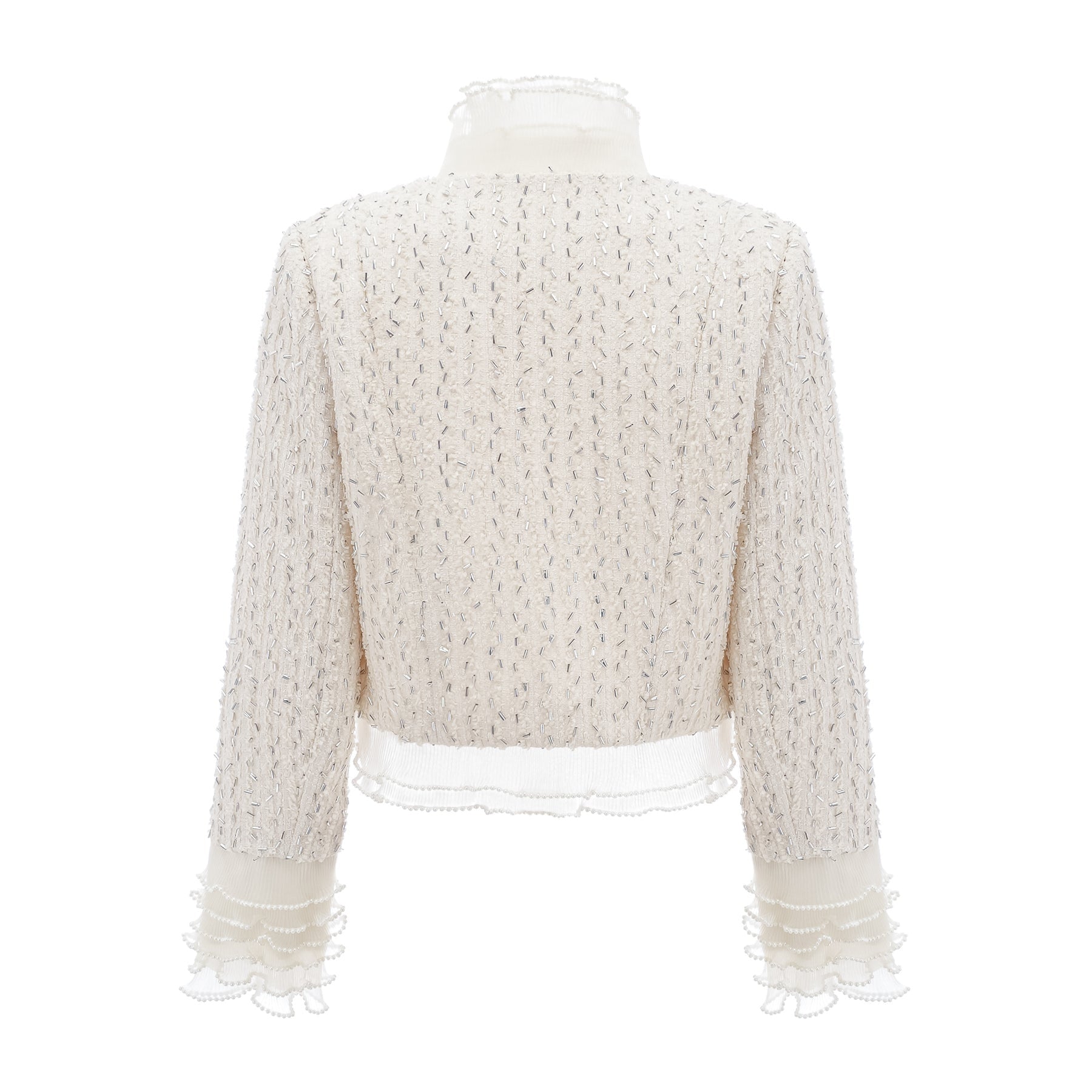 A white cropped jacket with beaded embellishments and ruffled details named Blanche