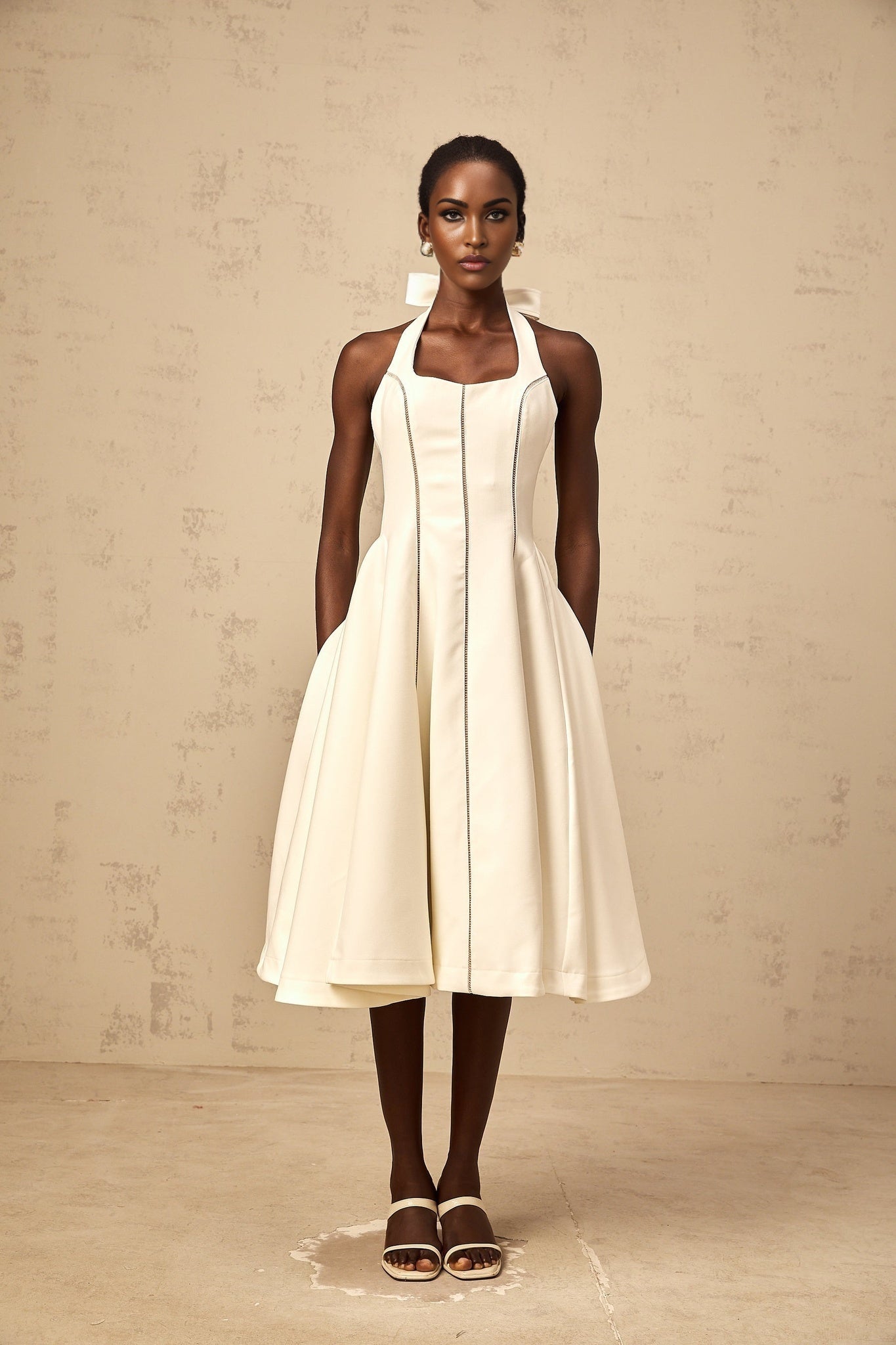 A white halterneck midi dress with a bow detail on the front featuring a fitted bodice and flowing skirt