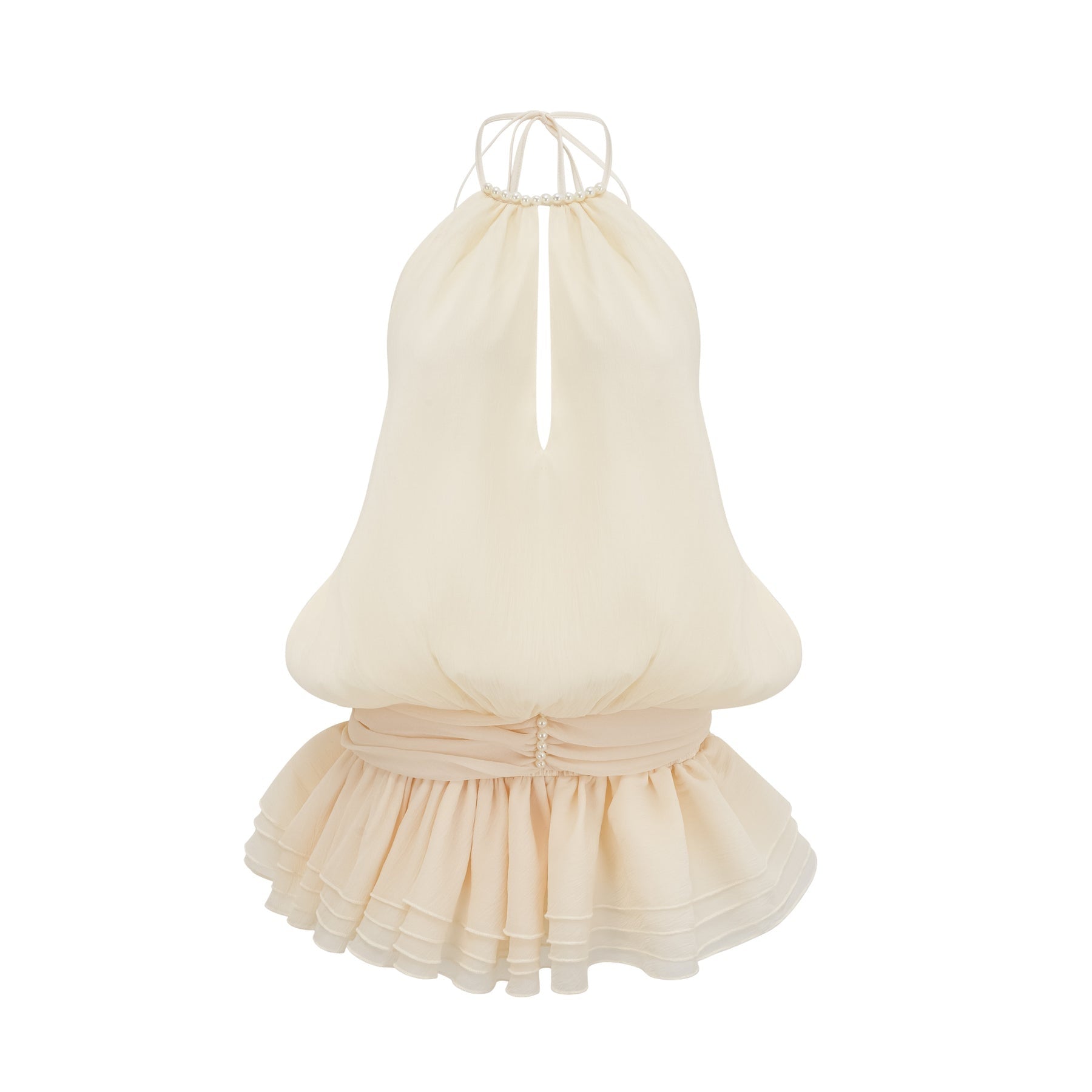 A white halterneck mini dress with faux pearl embellishments named Berenice