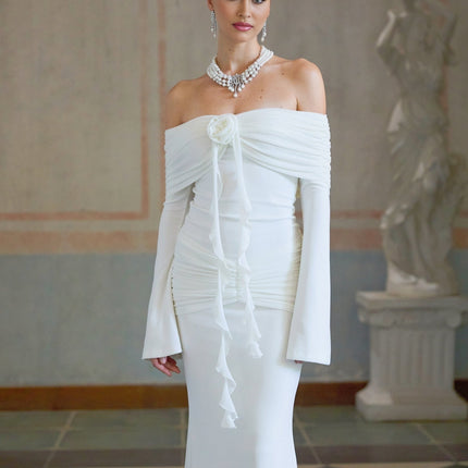 A white knit maxi dress with glittered floral appliques named Wanda