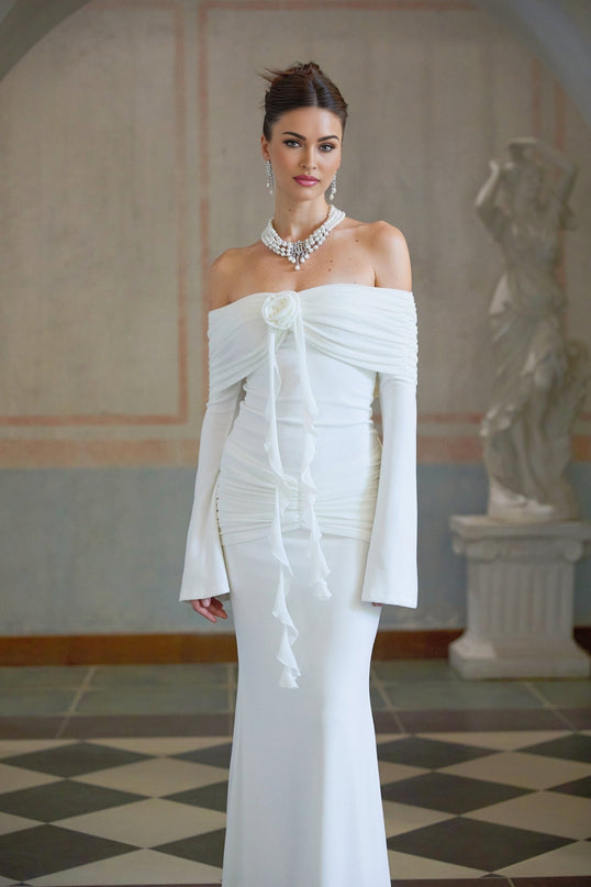 A white knit maxi dress with glittered floral appliques named Wanda