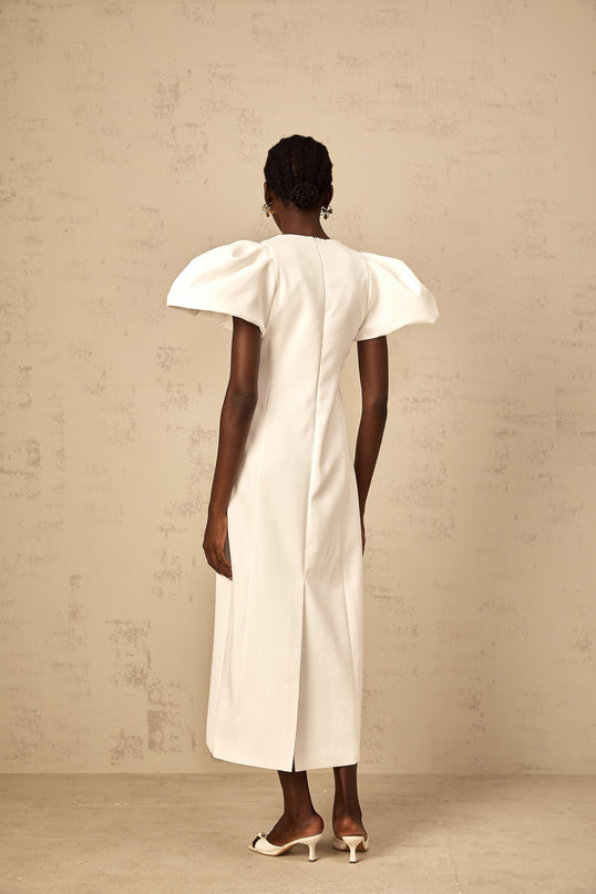 A white midi dress for women featuring sequin and floral embroidery details