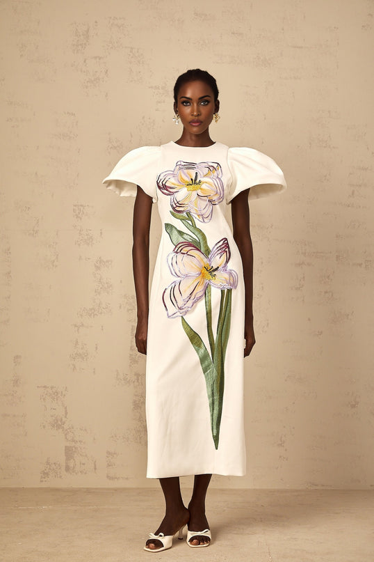 A white midi dress for women featuring sequin floral embroidery details