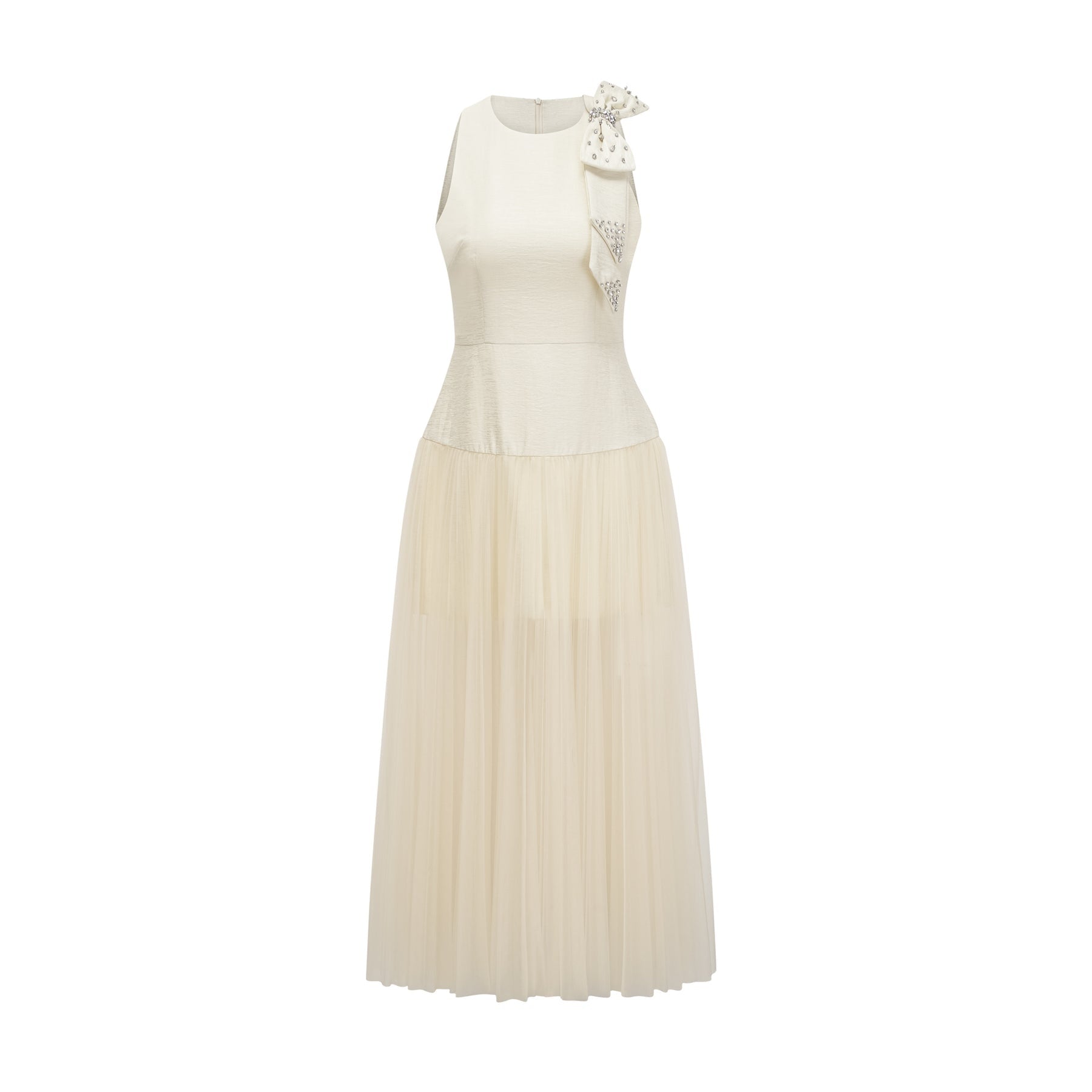 A white midi dress with a bow detail and tulle panels named Therese