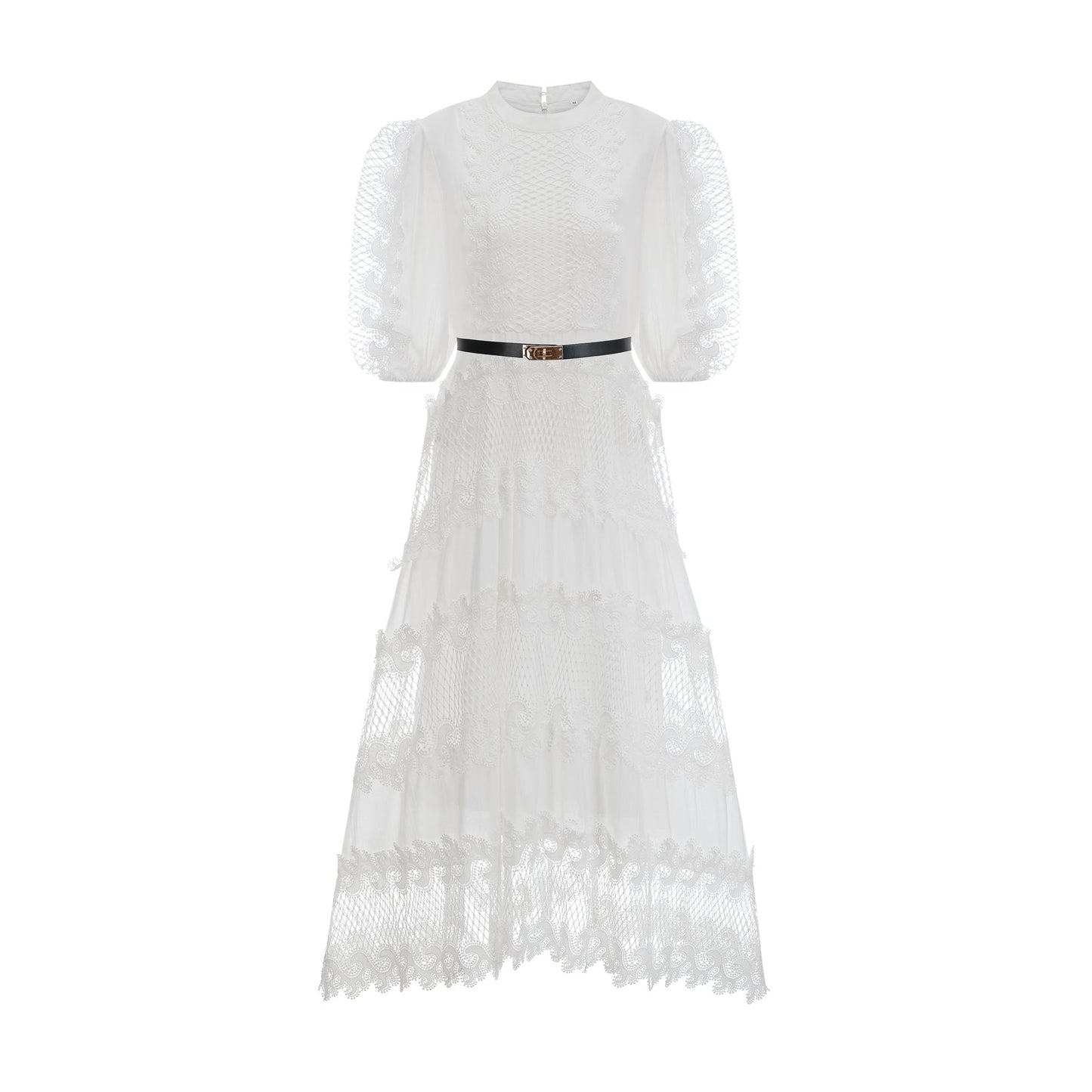 A white midi dress with lace trim panels and a belt at the waist