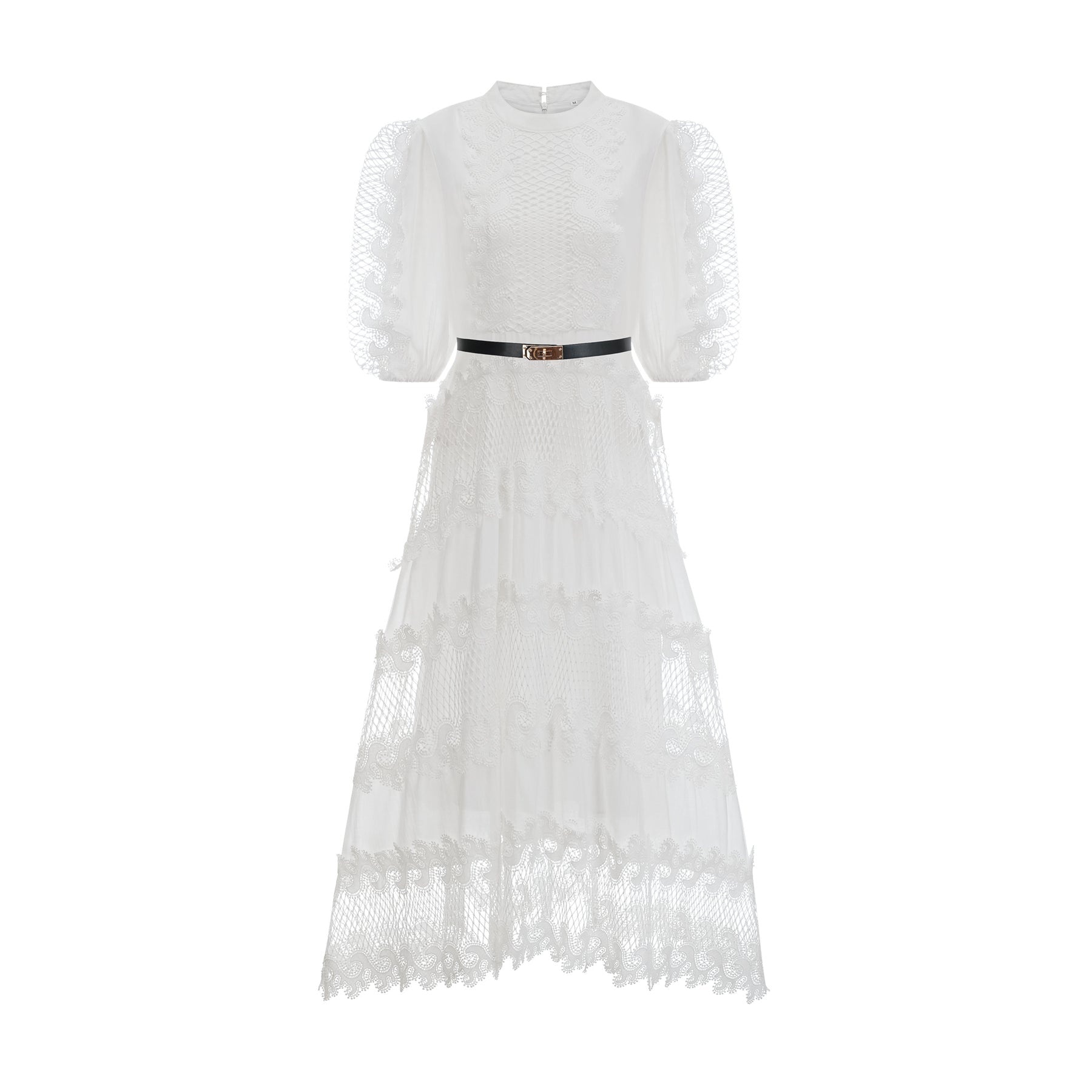 A white midi dress with lace trim panels and a belt at the waist
