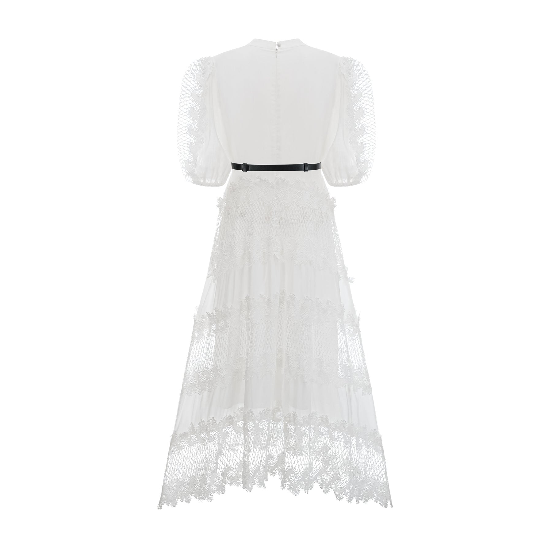 A white midi dress with lace trim panels and a belted waist featuring a fitted silhouette and delicate detailing