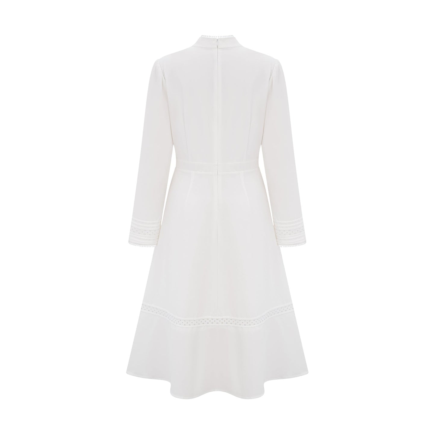 A white midi dress with panelled design and embroidery details named Madeleine featuring a feminine silhouette and delicate stitching throughout
