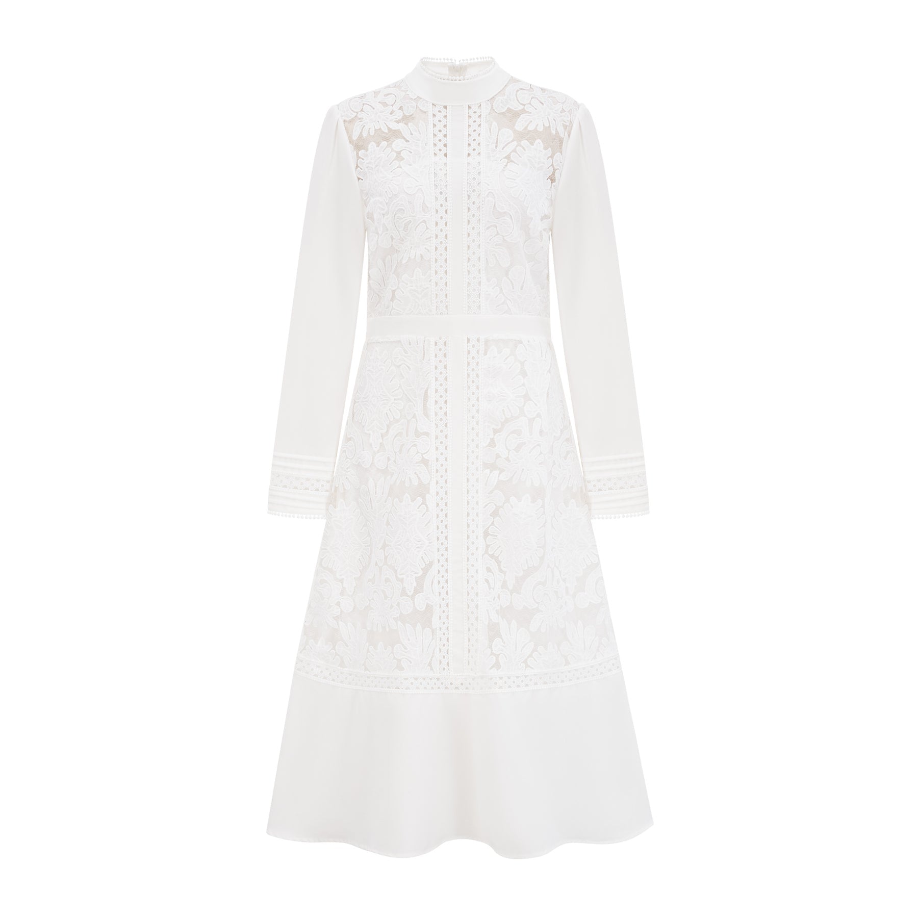 A white midi dress with panelled design and embroidery details named Madeleine featuring a fitted silhouette and delicate floral patterns