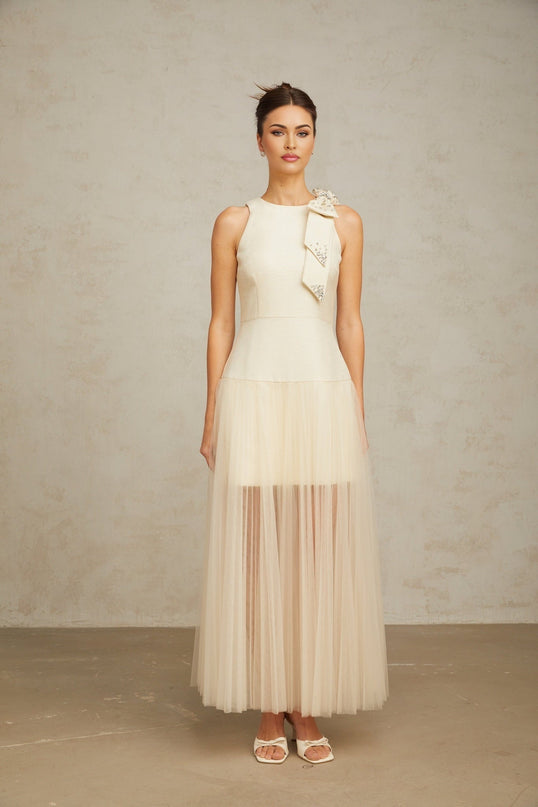 A white midi dress with tulle panels and a bowknot detail named Therese