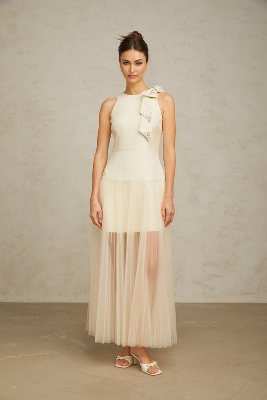 A white midi dress with tulle panels and a bowknot detail named Therese