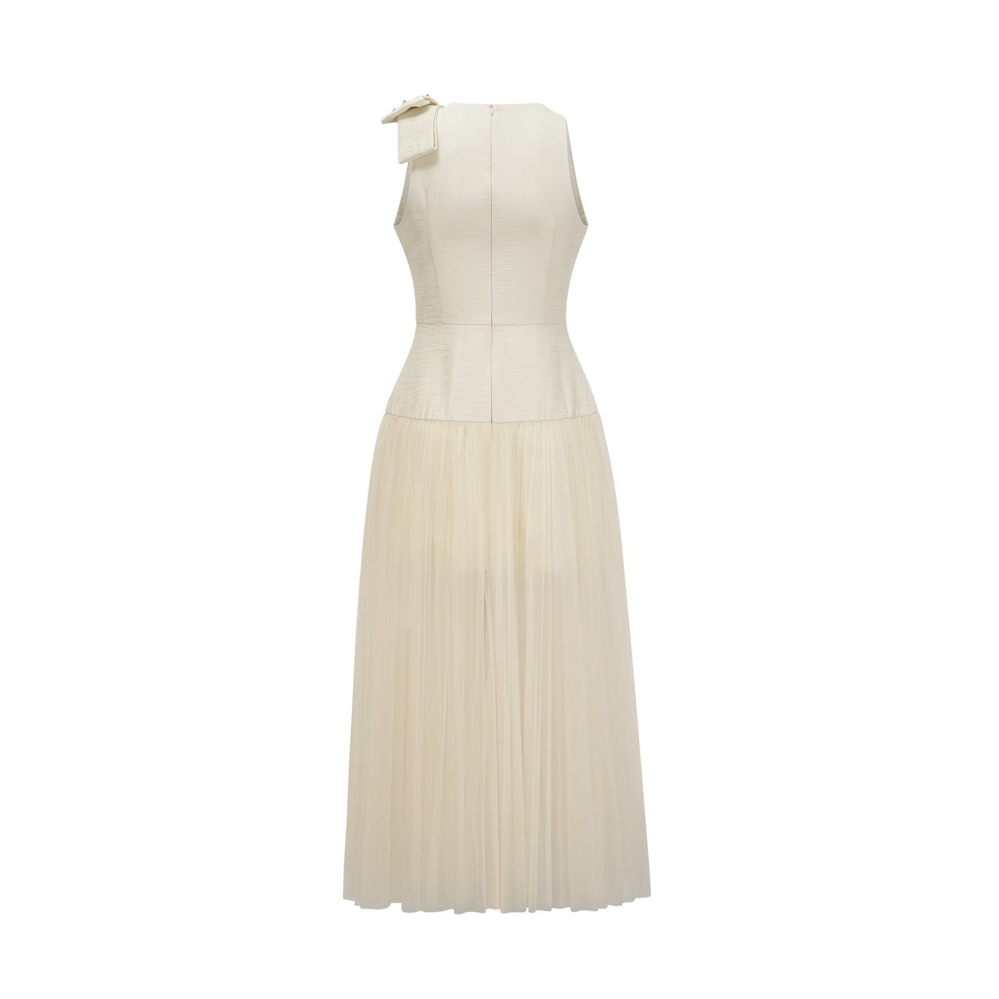 A white midi dress with tulle panels and a decorative bow detail named Therese