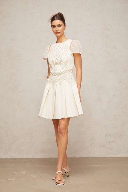 A white mini dress with delicate flower embroidery throughout featuring short sleeves and a fitted silhouette
