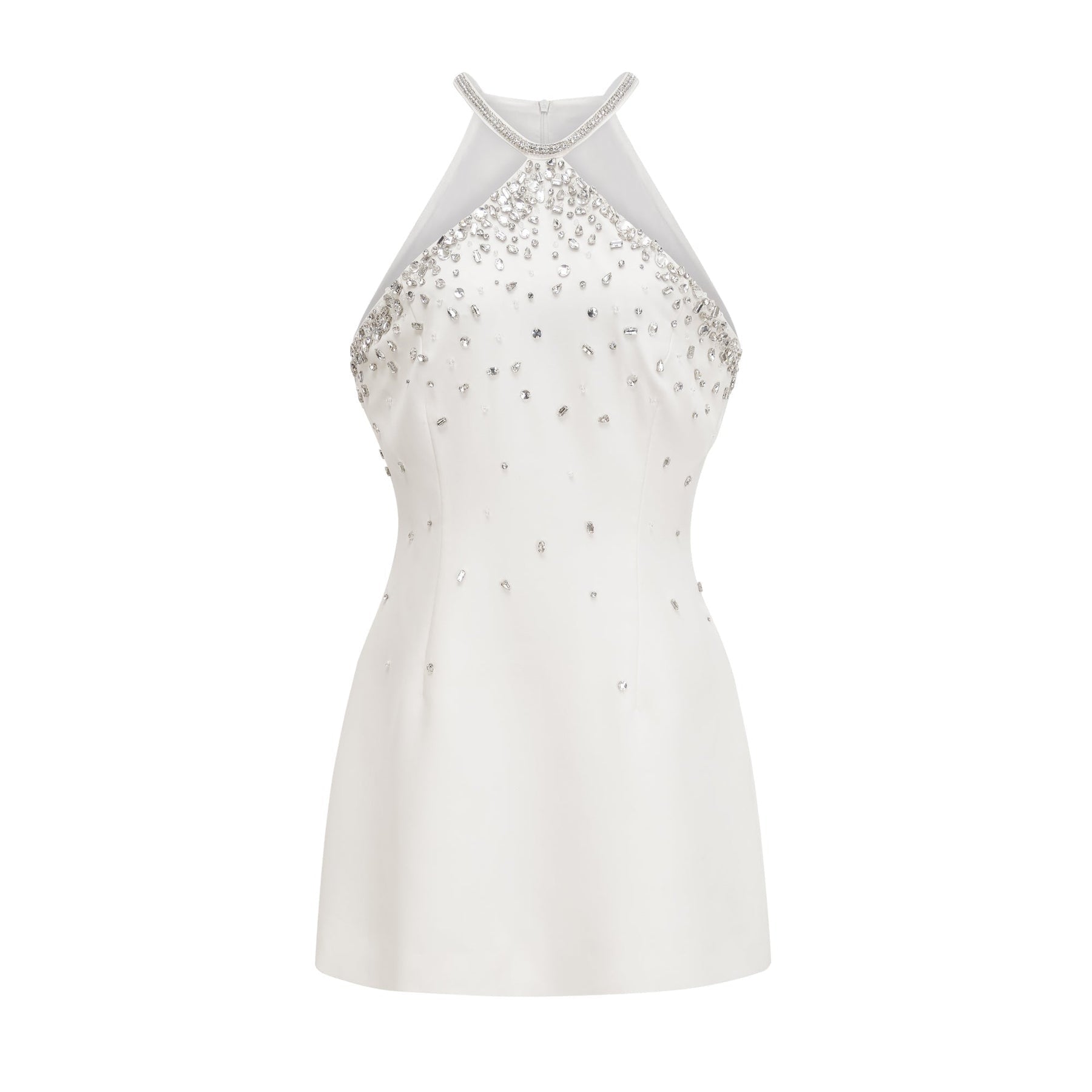 A white mini dress with embellishments called the Xanthea featuring a short hemline and decorative details