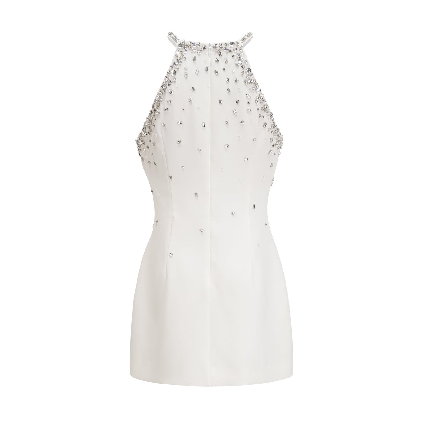 A white mini dress with embellishments named Xanthea featuring a short hemline and decorative detailing