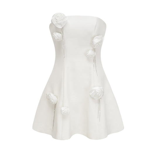 A white mini dress with faux floral embellishments named Rosalie