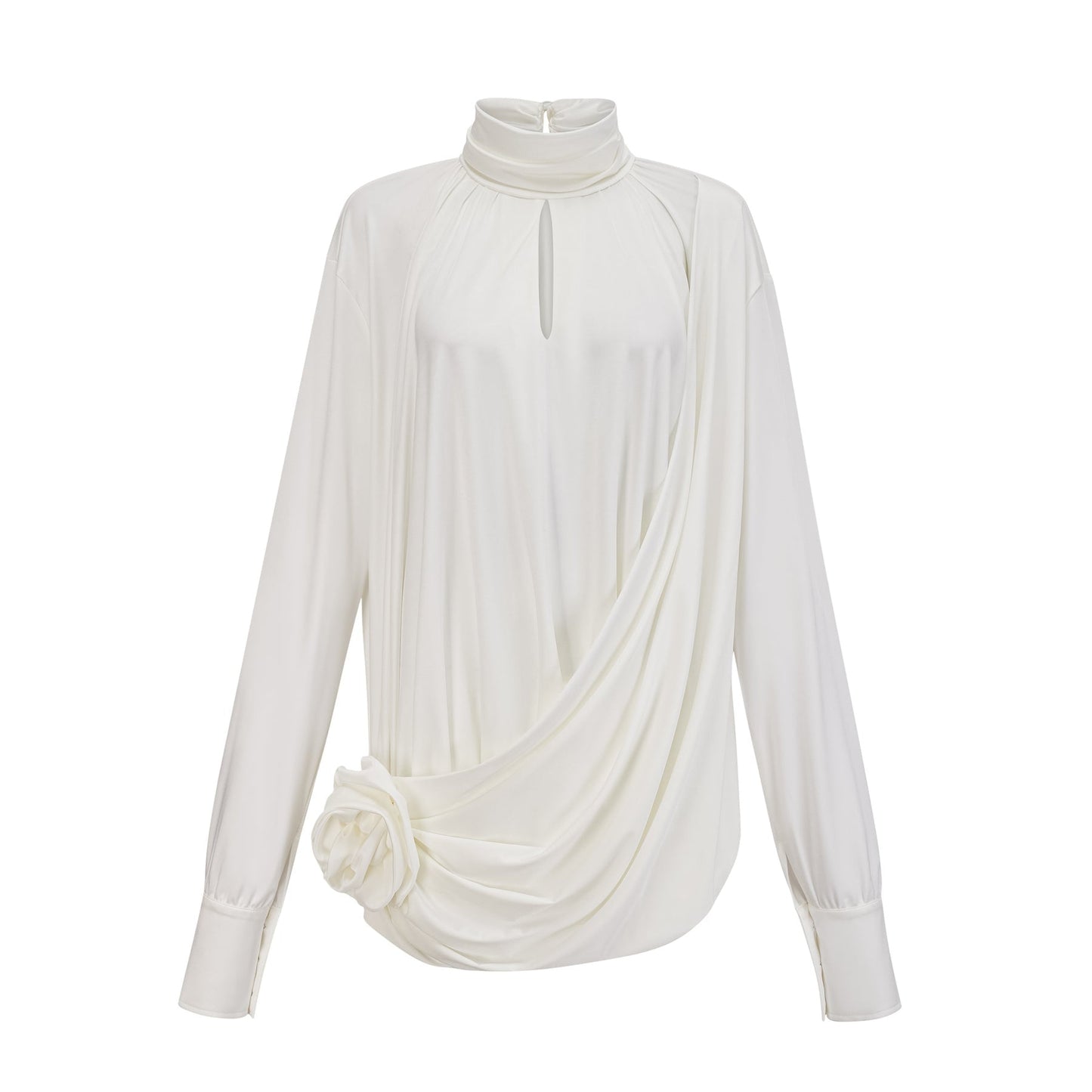 A white mini dress with ruched detailing and faux flower embellishments on a female model