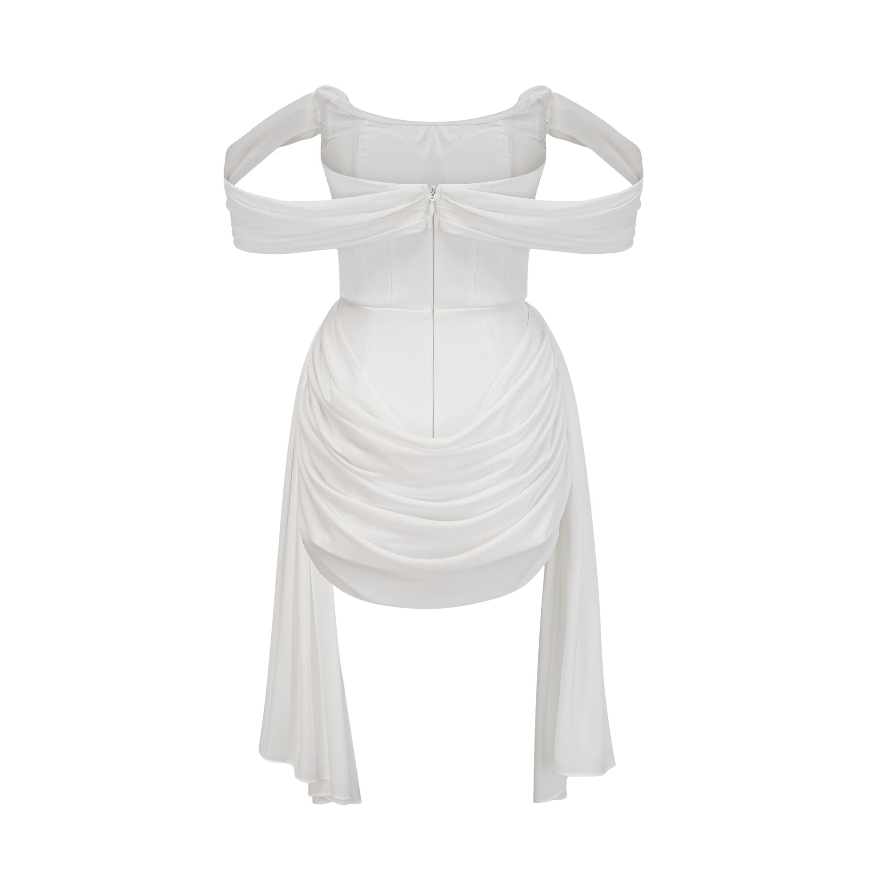 A white mini dress with ruched fabric and ribbon design details featuring a short hemline and a fitted silhouette