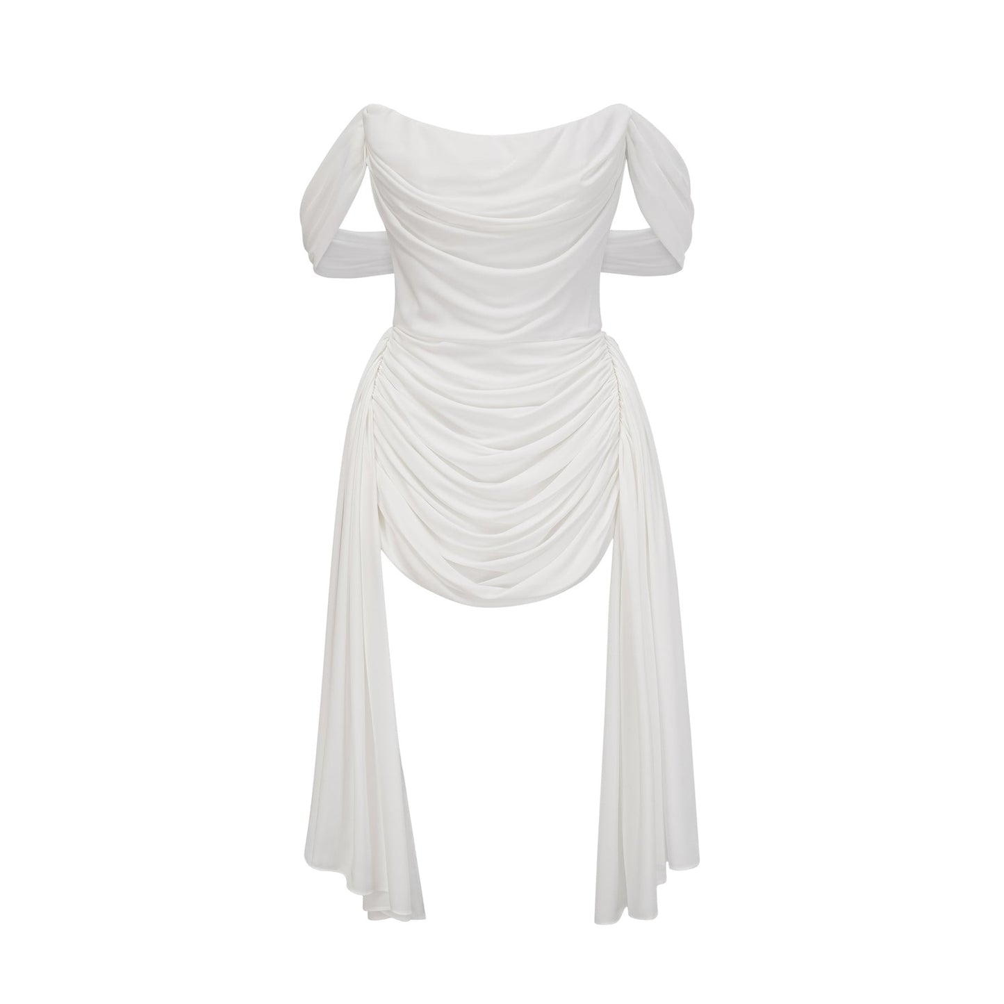 A white mini dress with ruched fabric and ribbon design details featuring a short hemline and feminine silhouette