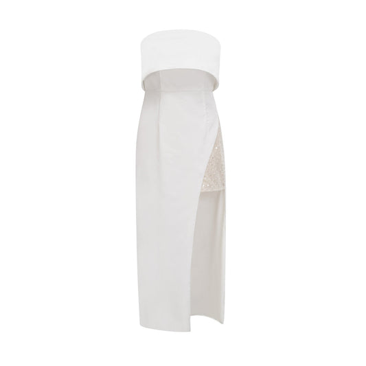 A white off the shoulder dress with a flowing silhouette named Zafiritha