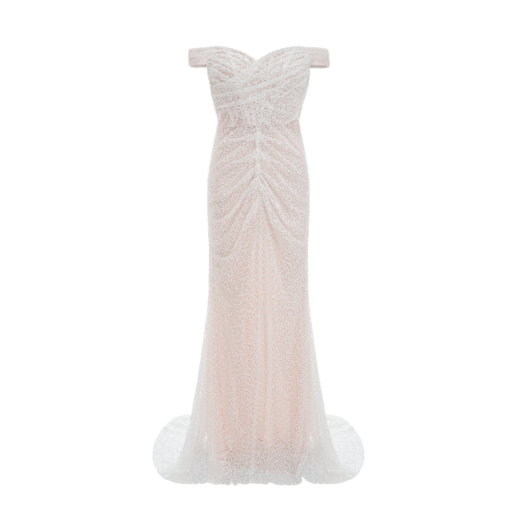 A white offshoulder maxi dress with embellishments named Margot worn by a model against a plain background