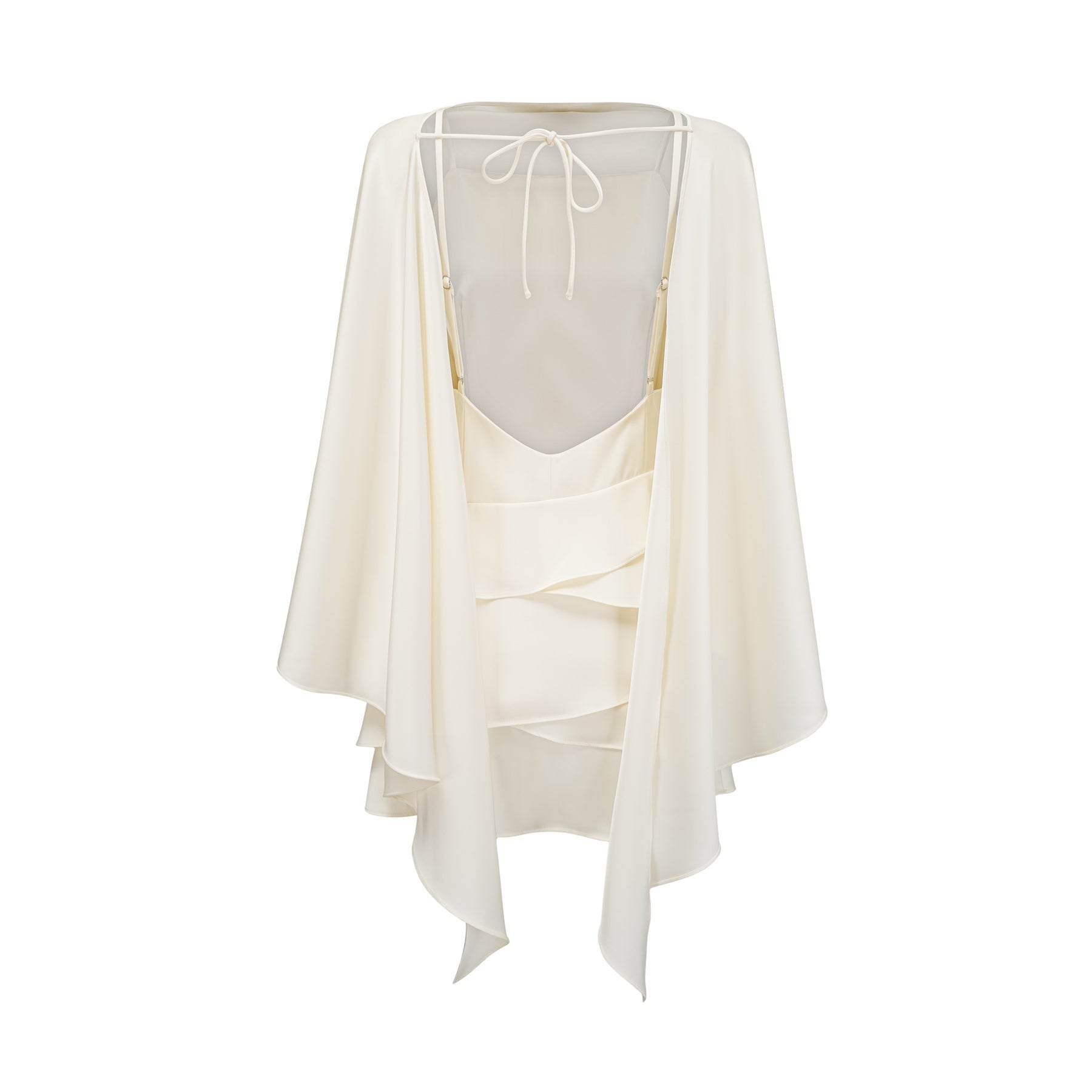 A white satin mini dress with ruffled details and a shawl panel accessory