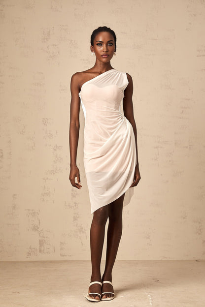 A white semi sheer ruched midi dress with a gathered fabric texture and delicate appearance named Ophélie