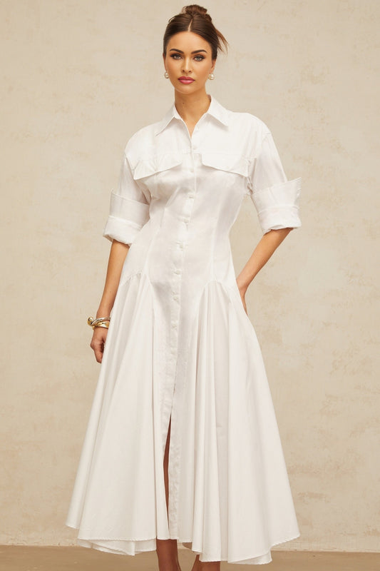 A white shirred shirt dress with a front slit named Dulcie