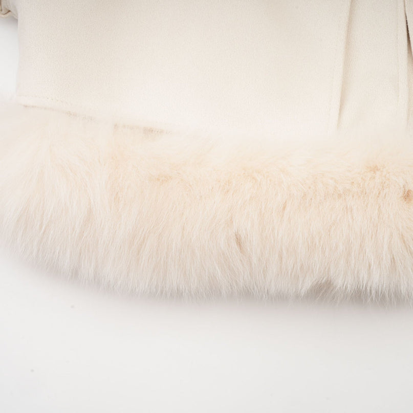 A white short coat made of suede with fur padding and a padded design featuring a cozy and stylish appearance