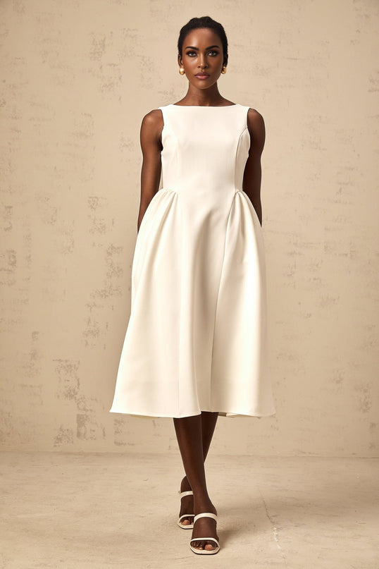 A white sleeveless midi dress with a full skirt named Yolanda