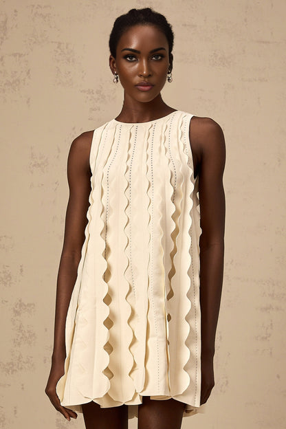 A white sleeveless mini dress with wavy details named Axelle