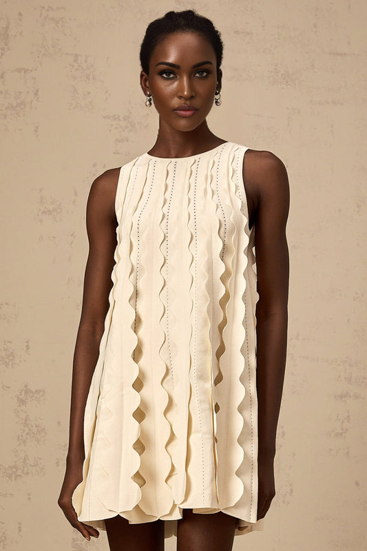 A white sleeveless mini dress with wavy details named Axelle