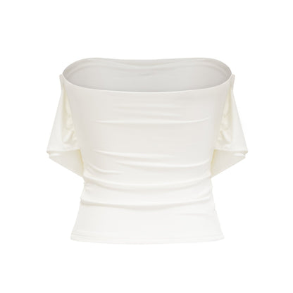A white sleeveless top with gathered detailing named Rosalie