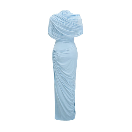 A woman wearing a baby blue asymmetric maxi dress with pleated details The dress features a long flowing skirt and an uneven hemline