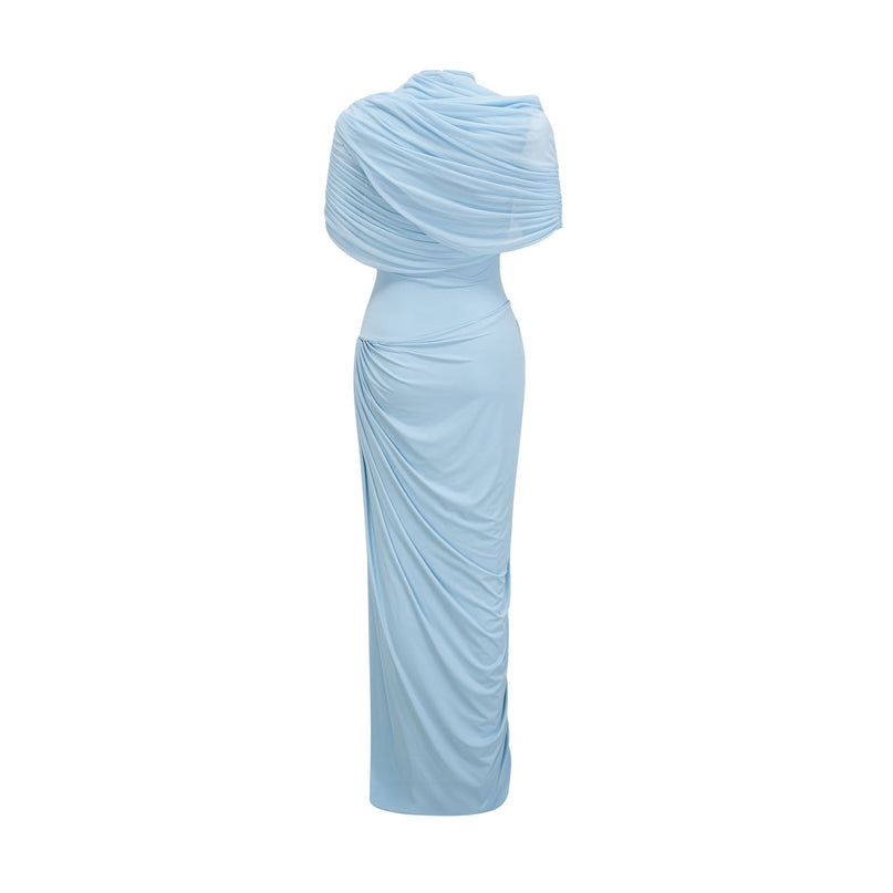 A woman wearing a baby blue asymmetric maxi dress with pleated details The dress features a long flowing skirt and an uneven hemline
