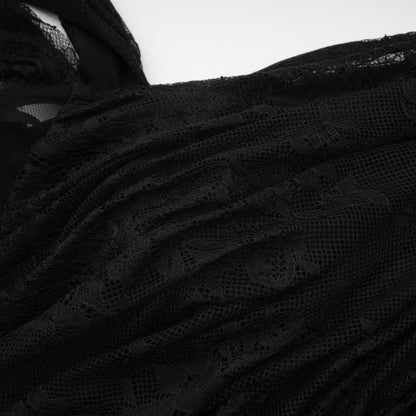 Black one shoulder dress with long sleeves lace embroidery asymmetric design cutout detailing and side high slit