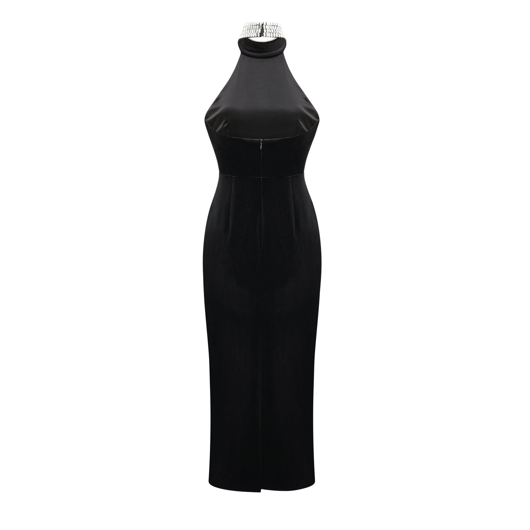 Black anklelength dress with embellished crystal turtle neck sleeveless featuring a roll neck and side slit rear zip fastening Made of 100% Polyester