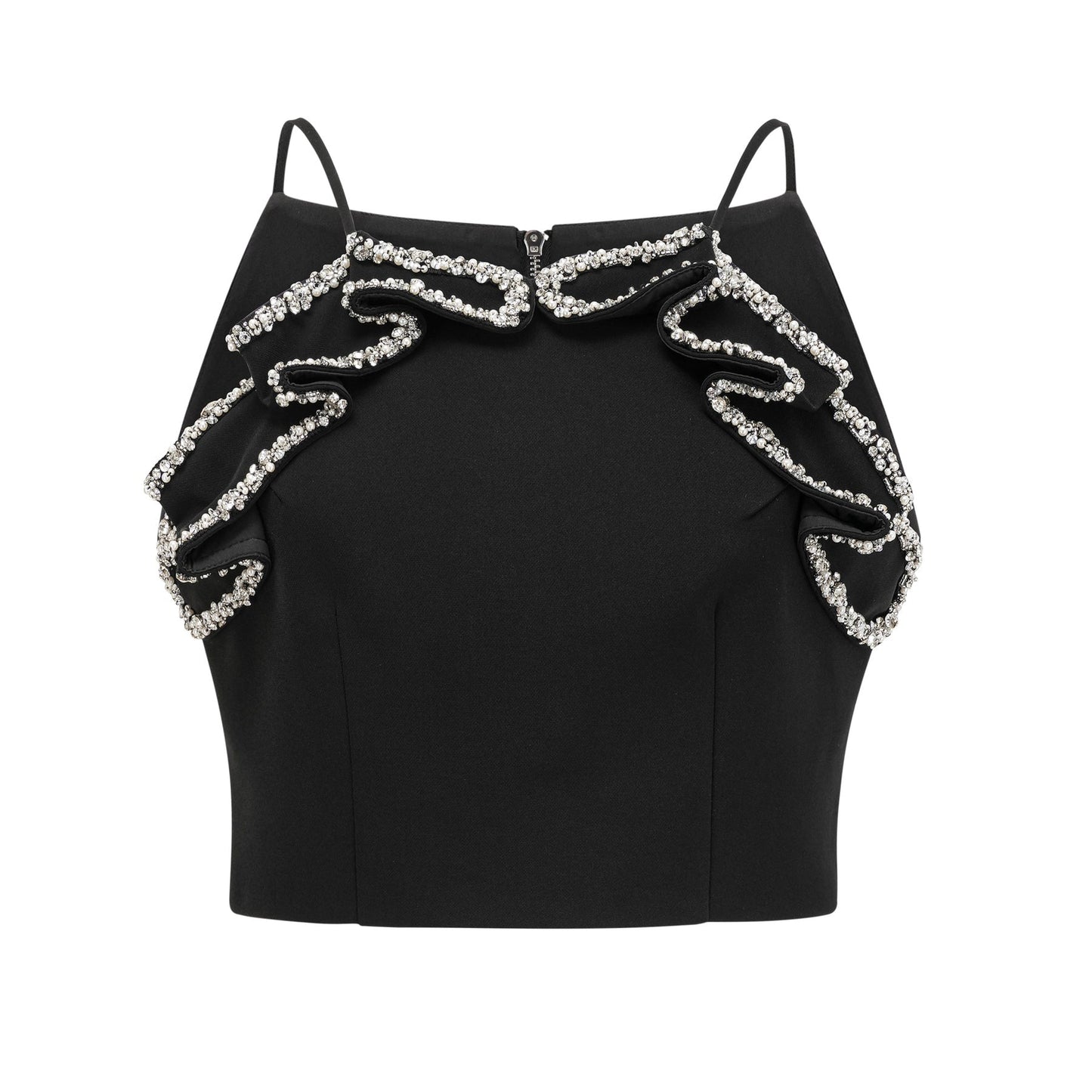 Sleeveless black dress with crystal % faux pearl details and ruffled embellishments
