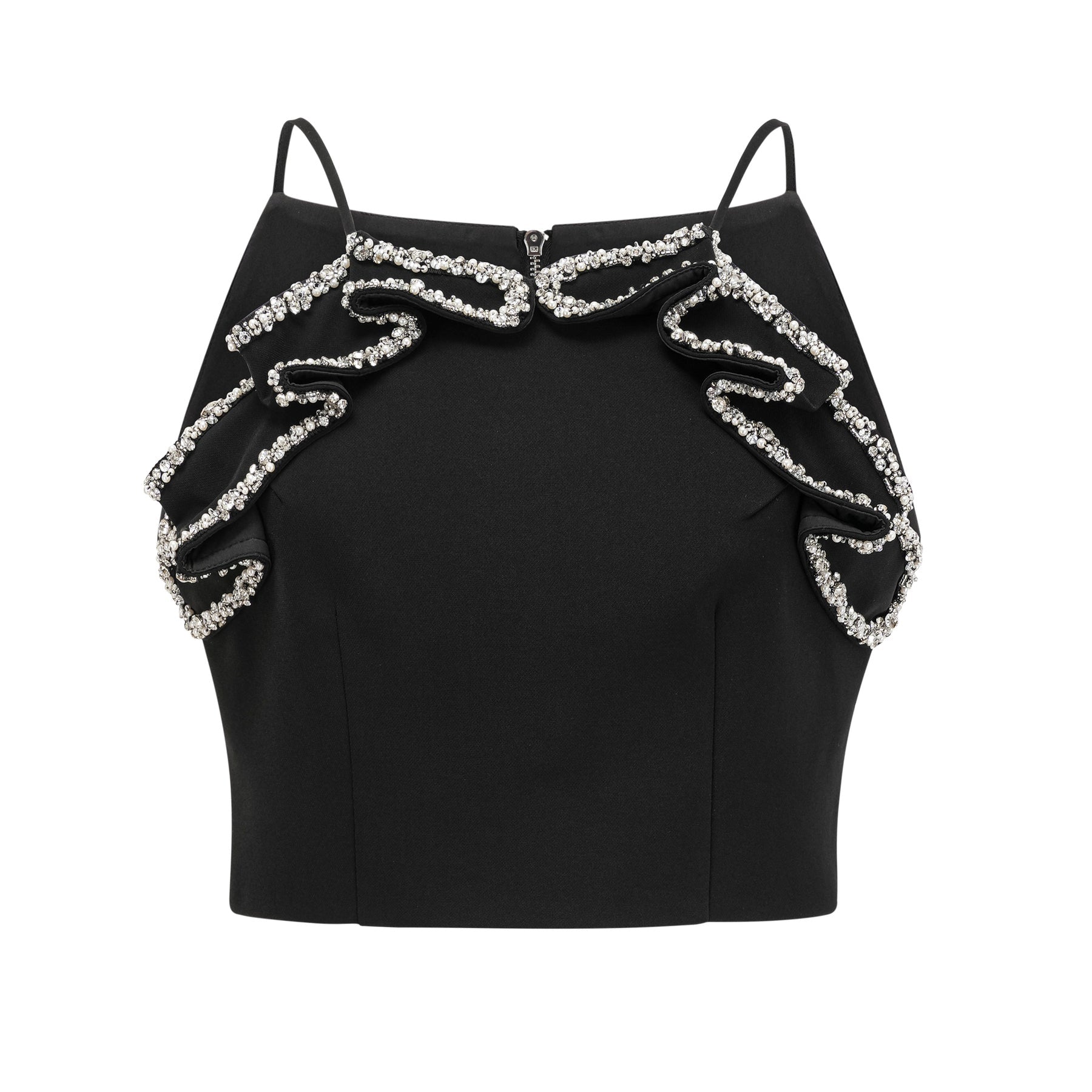 Sleeveless black dress with crystal % faux pearl details and ruffled embellishments