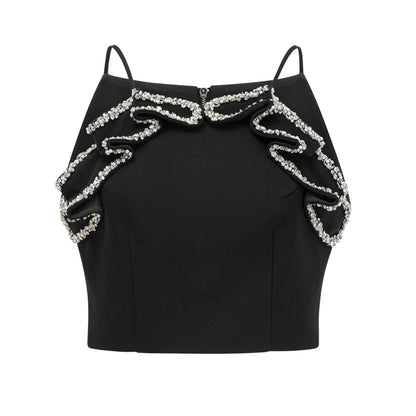 Sleeveless black dress with crystal % faux pearl details and ruffled embellishments
