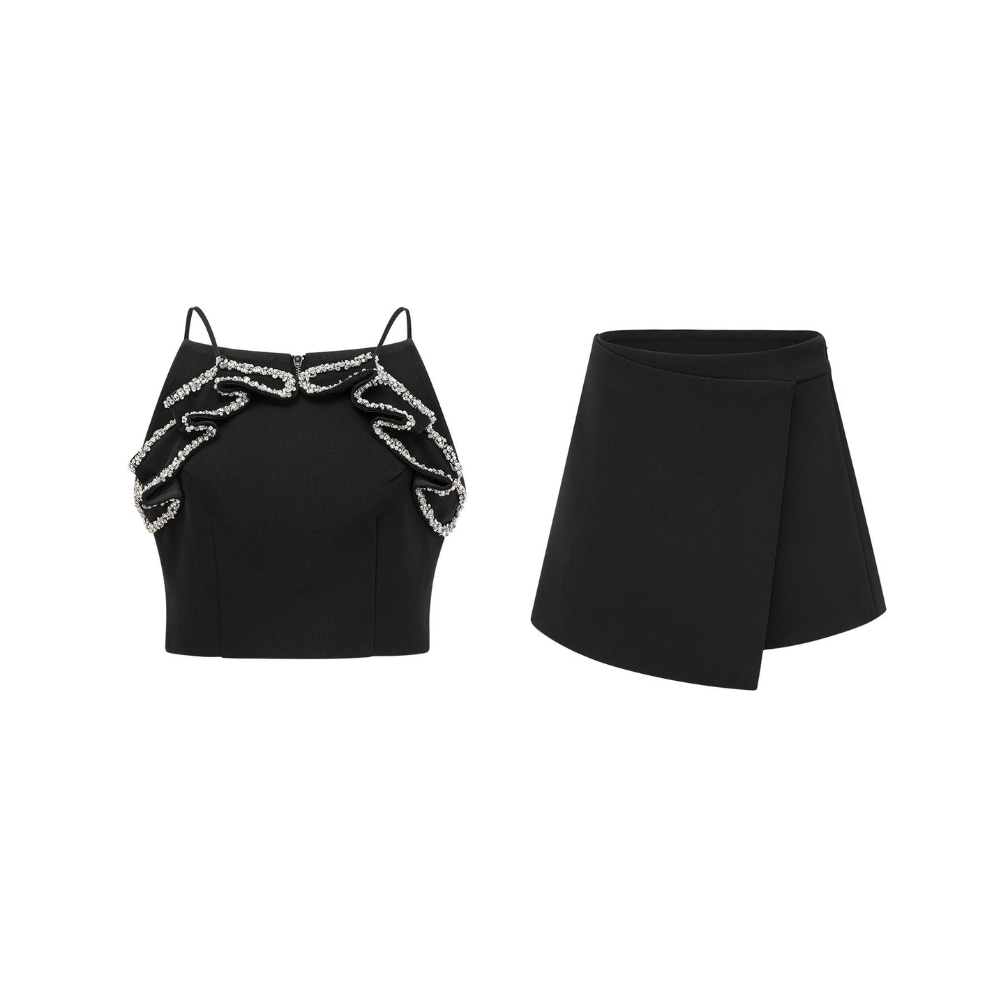 Black dress with spaghetti straps crystal and faux pearl embellishments ruffled detailing and rear zip fastening Made of 93% Polyester 7% Spandex