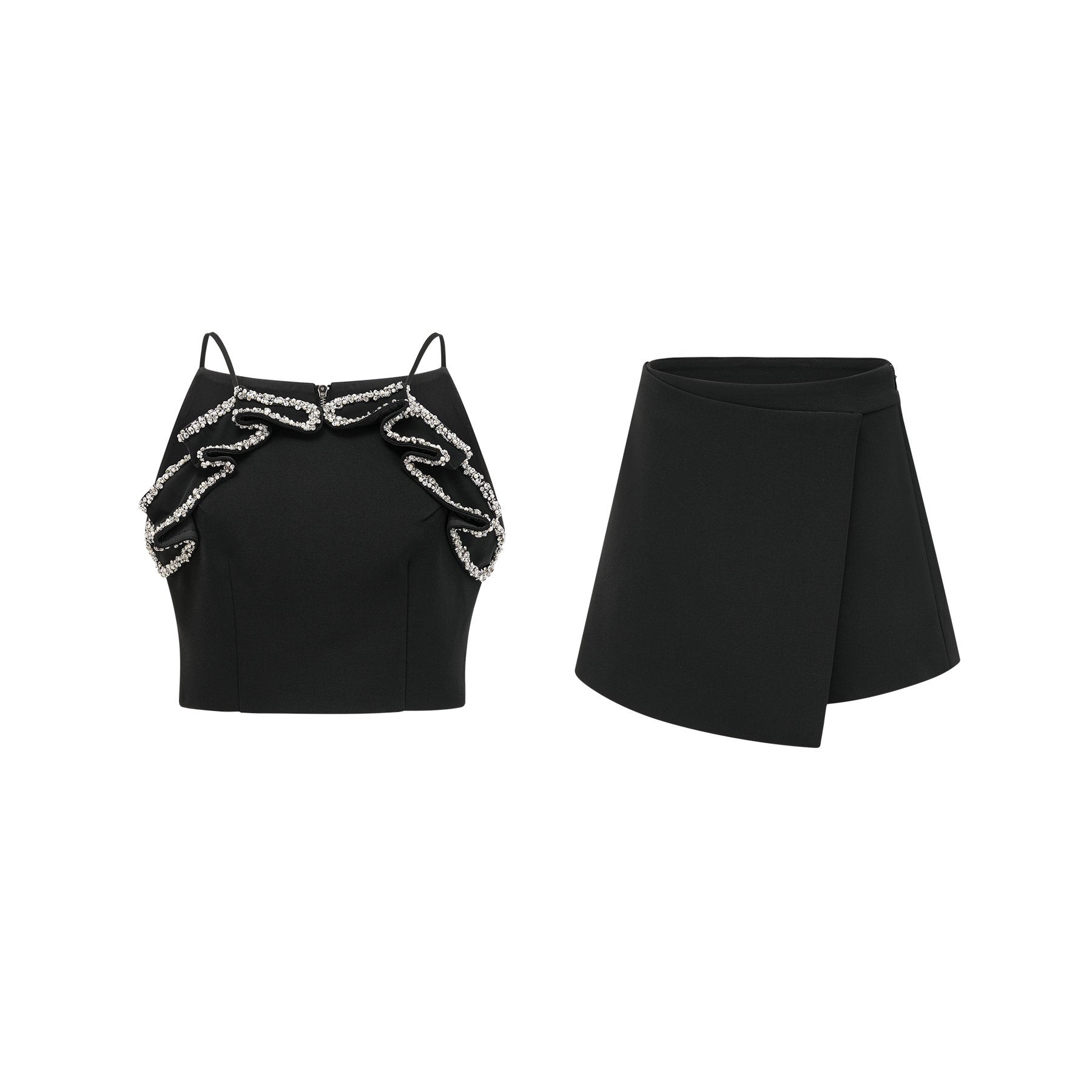 Black dress with spaghetti straps crystal and faux pearl embellishments ruffled detailing and rear zip fastening Made of 93% Polyester 7% Spandex