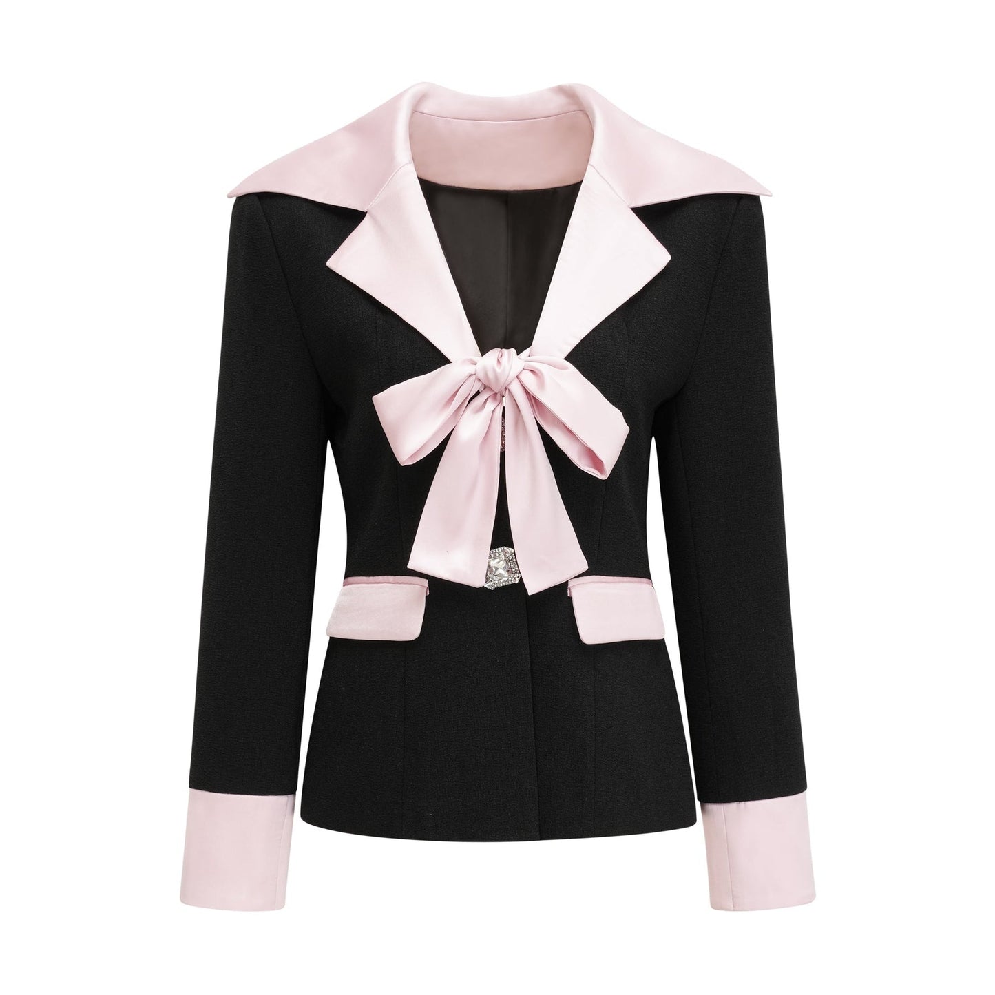 Black tweed dress with notched lapels cinched waist front bowknot detailing and contrast colors Composed of 100% tweed fabric