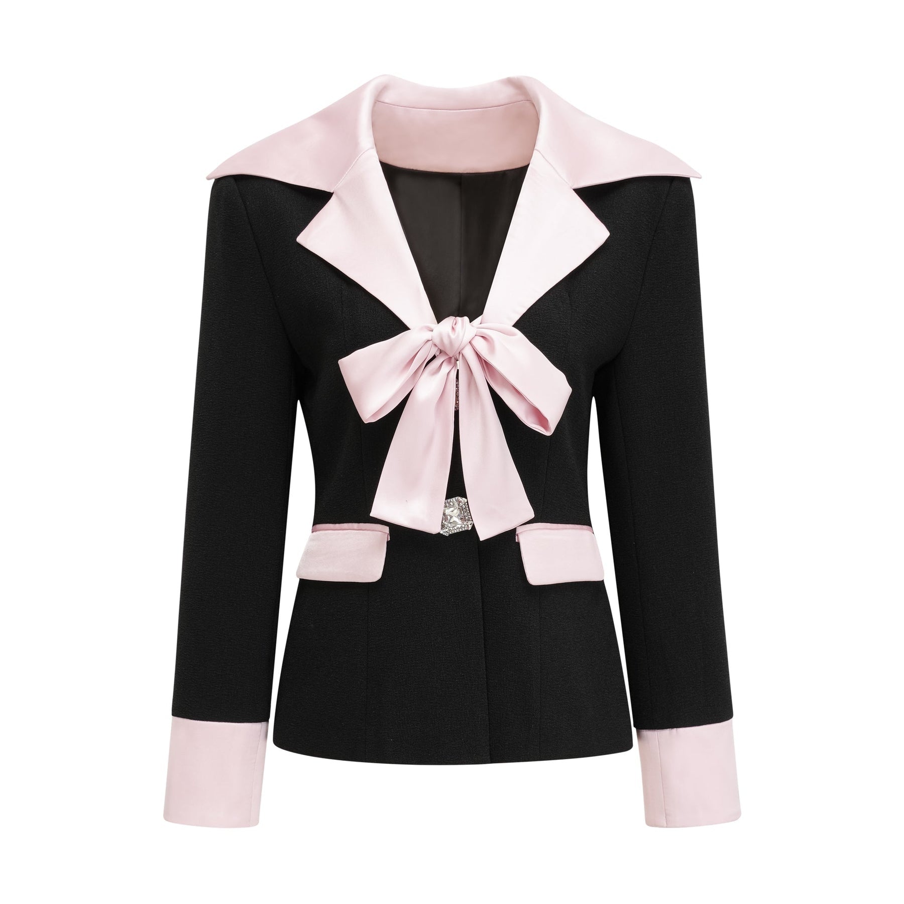 Black tweed dress with notched lapels cinched waist front bowknot detailing and contrast colors Composed of 100% tweed fabric