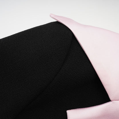 Black tweed dress with notched lapels cinched waist front bowknot and button fastening
