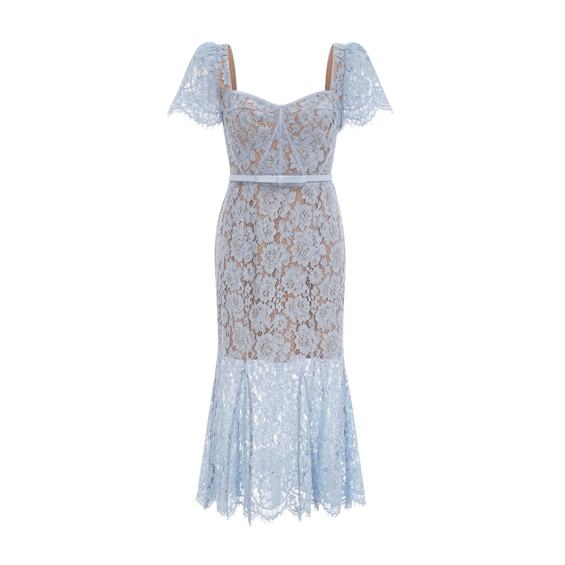 A woman wearing a blue midi dress with floral lace pattern and boned bodice